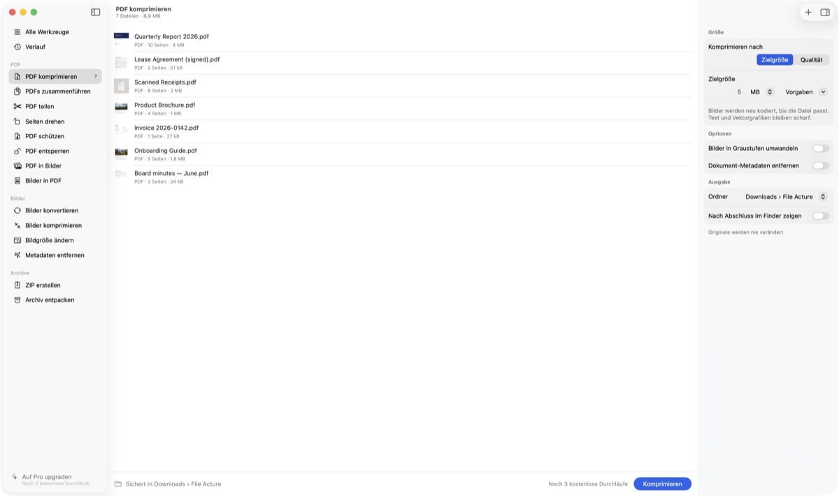 File Acture komprimiert drei PDFs auf eine Zielgröße von 5 MB