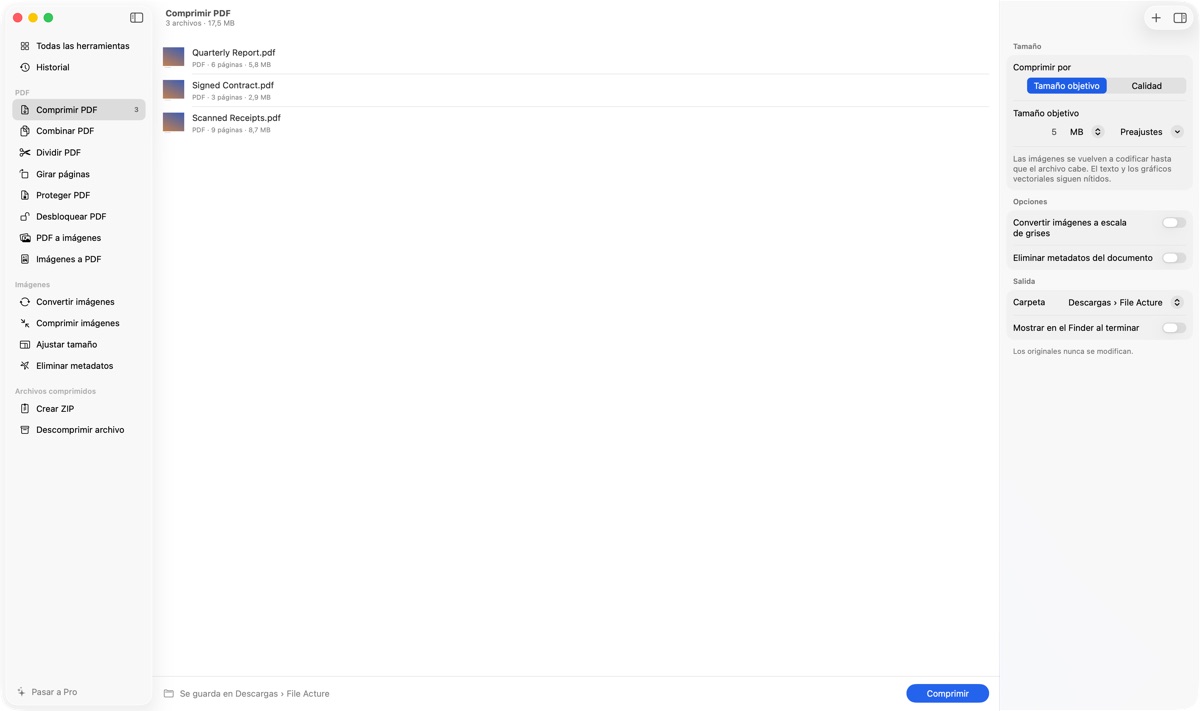 File Acture comprimiendo tres PDF a un tamaño objetivo de 5 MB