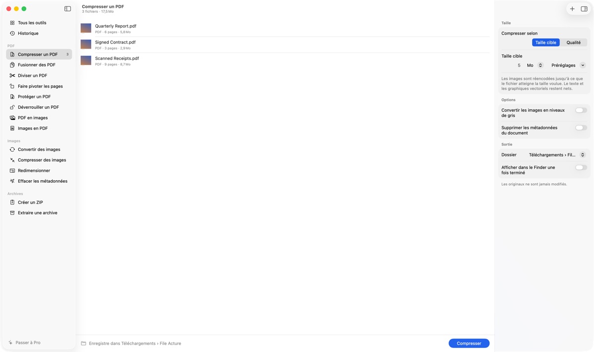 File Acture compresse trois PDF pour atteindre une taille cible de 5 Mo