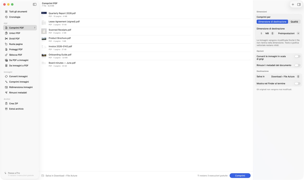 File Acture comprime tre PDF a una dimensione di destinazione di 5 MB