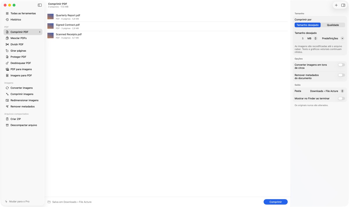 File Acture comprimindo três PDFs para um tamanho desejado de 5 MB