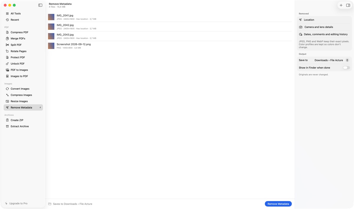 File Acture ready to remove metadata from four images